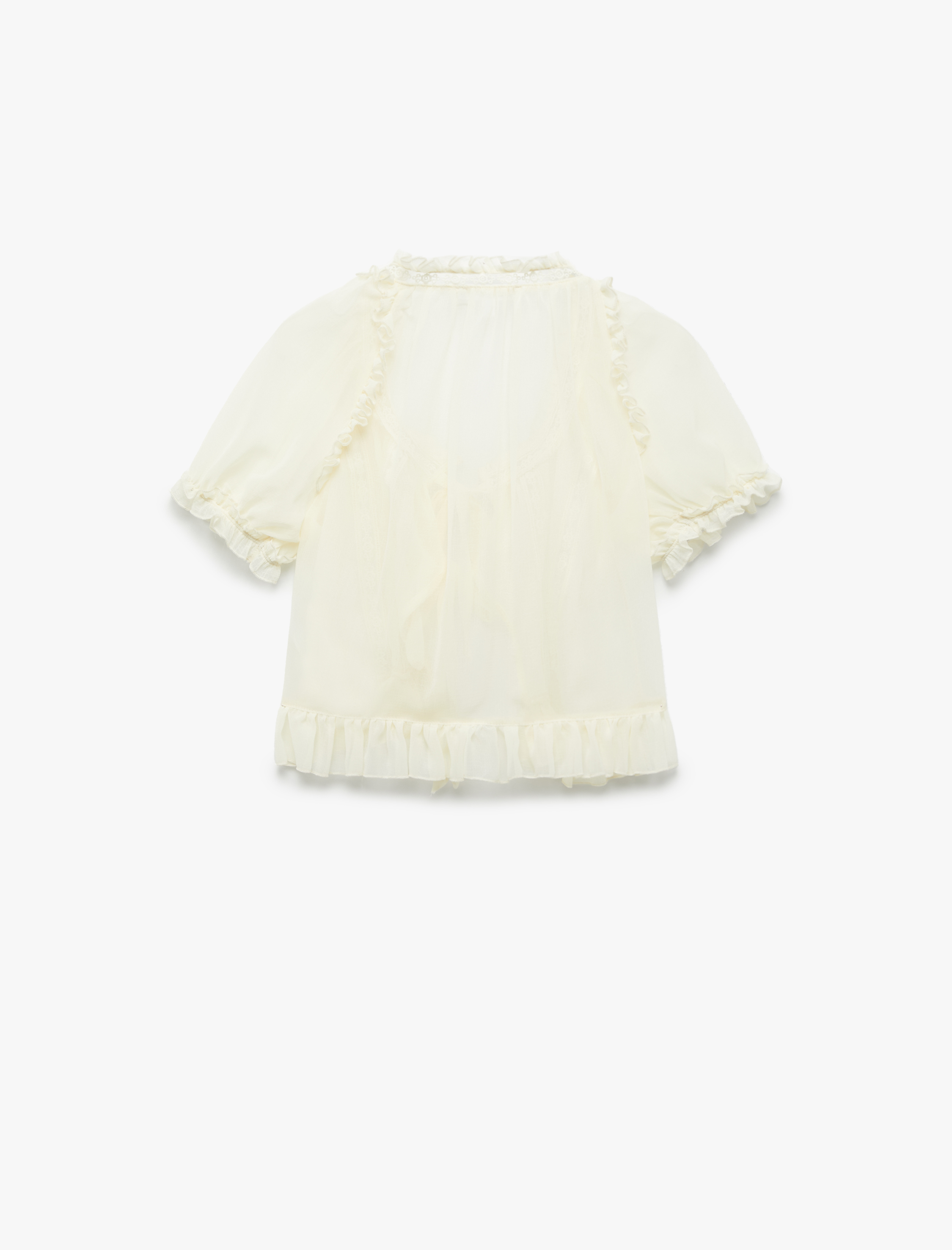   Dantel Detaylı Kısa Balon Kollu Bağlamalı Fiyonklu Crop Bluz