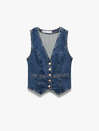 V Yaka Kolsuz Düğmeli Cep Detaylı Denim Yelek