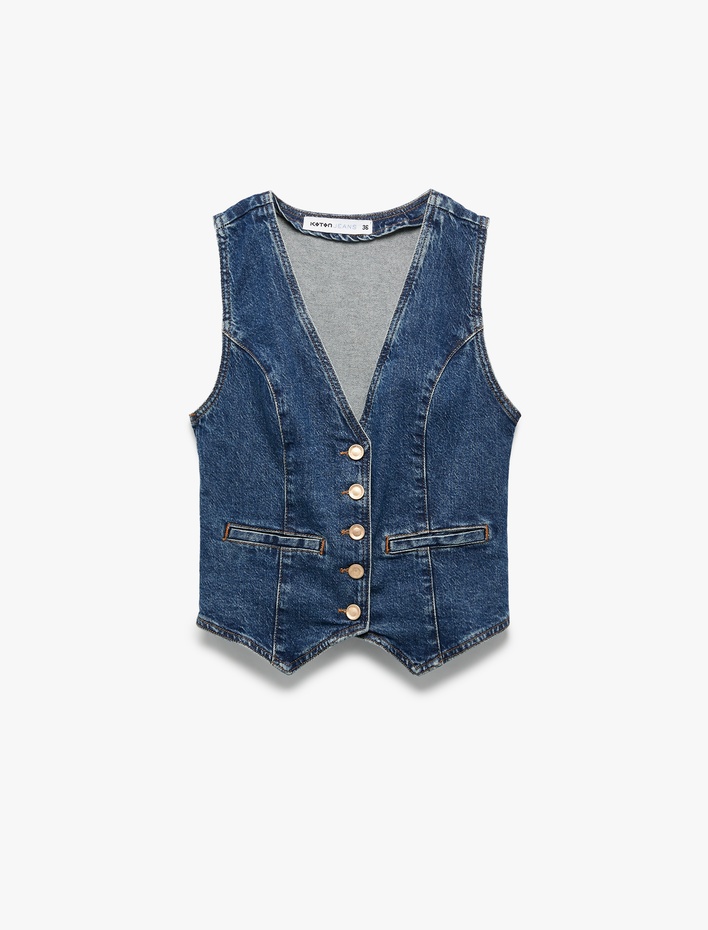  V Yaka Kolsuz Düğmeli Cep Detaylı Denim Yelek