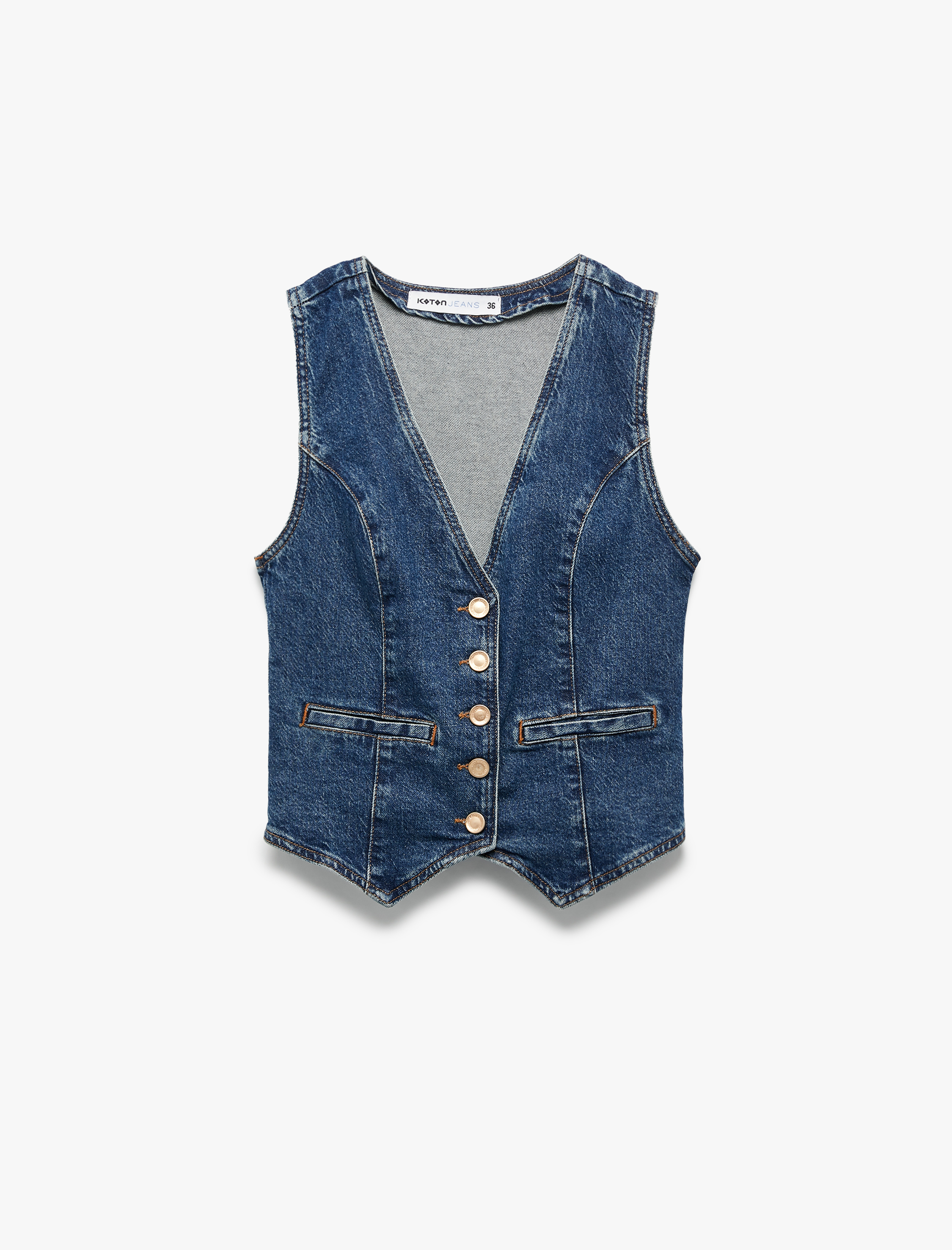   V Yaka Kolsuz Düğmeli Cep Detaylı Denim Yelek