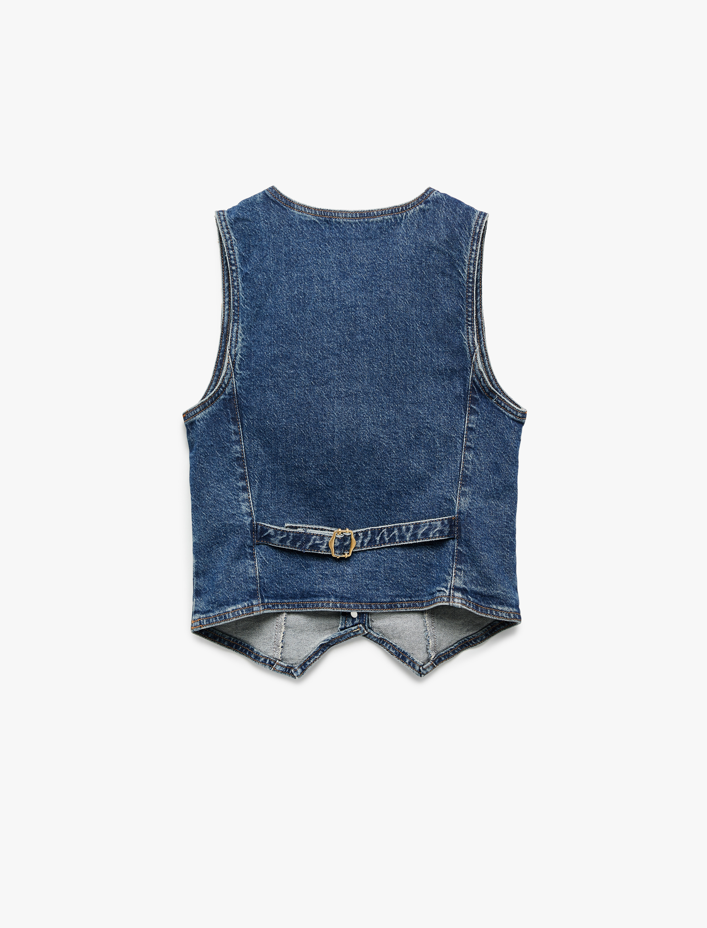   V Yaka Kolsuz Düğmeli Cep Detaylı Denim Yelek