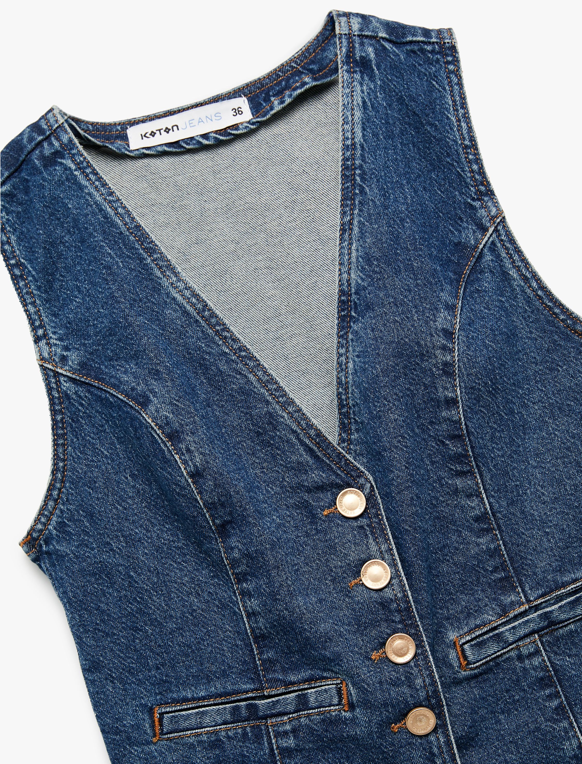   V Yaka Kolsuz Düğmeli Cep Detaylı Denim Yelek