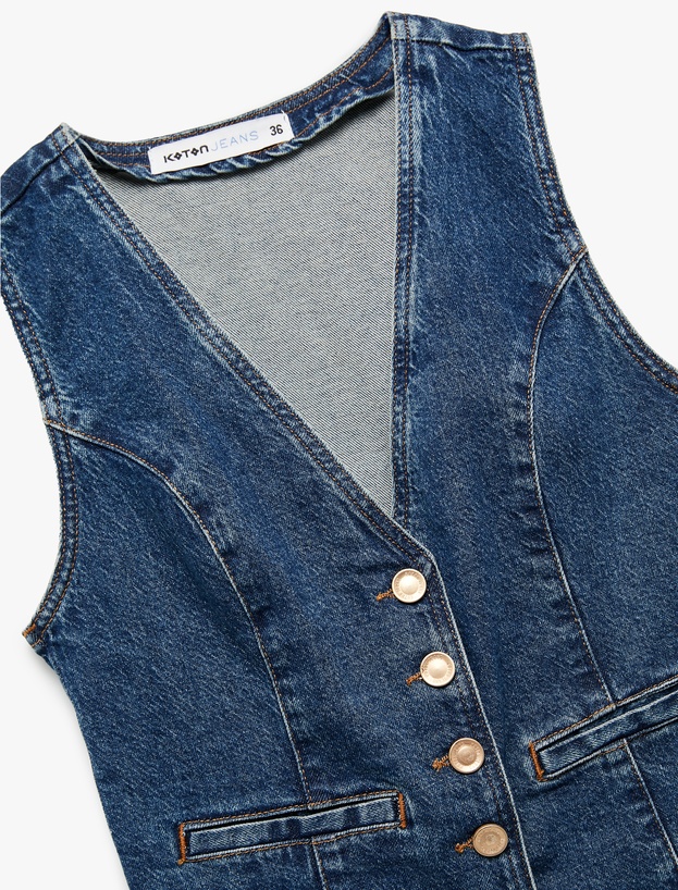 V Yaka Kolsuz Düğmeli Cep Detaylı Denim Yelek_4