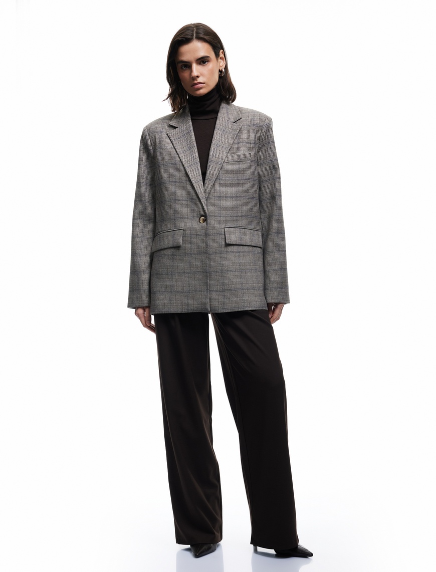   Kruvaze Cepli Uzun Kollu Ekose Oversize Blazer Ceket