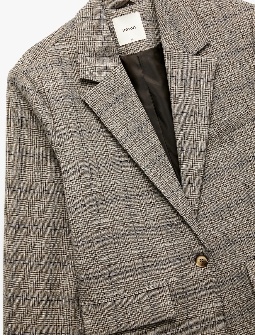   Kruvaze Cepli Uzun Kollu Ekose Oversize Blazer Ceket