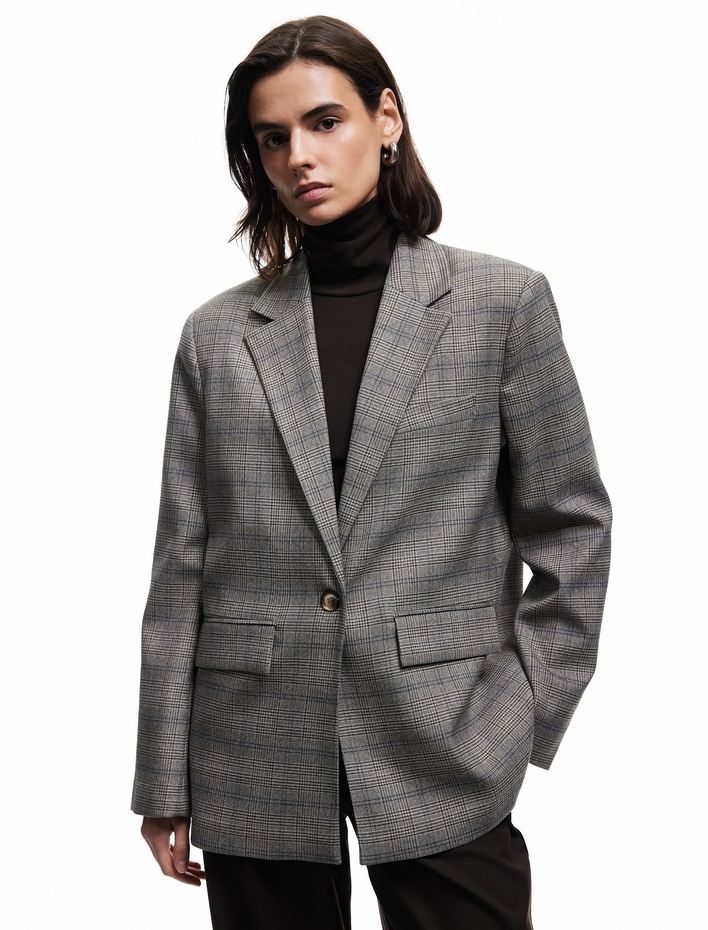  Kruvaze Cepli Uzun Kollu Ekose Oversize Blazer Ceket