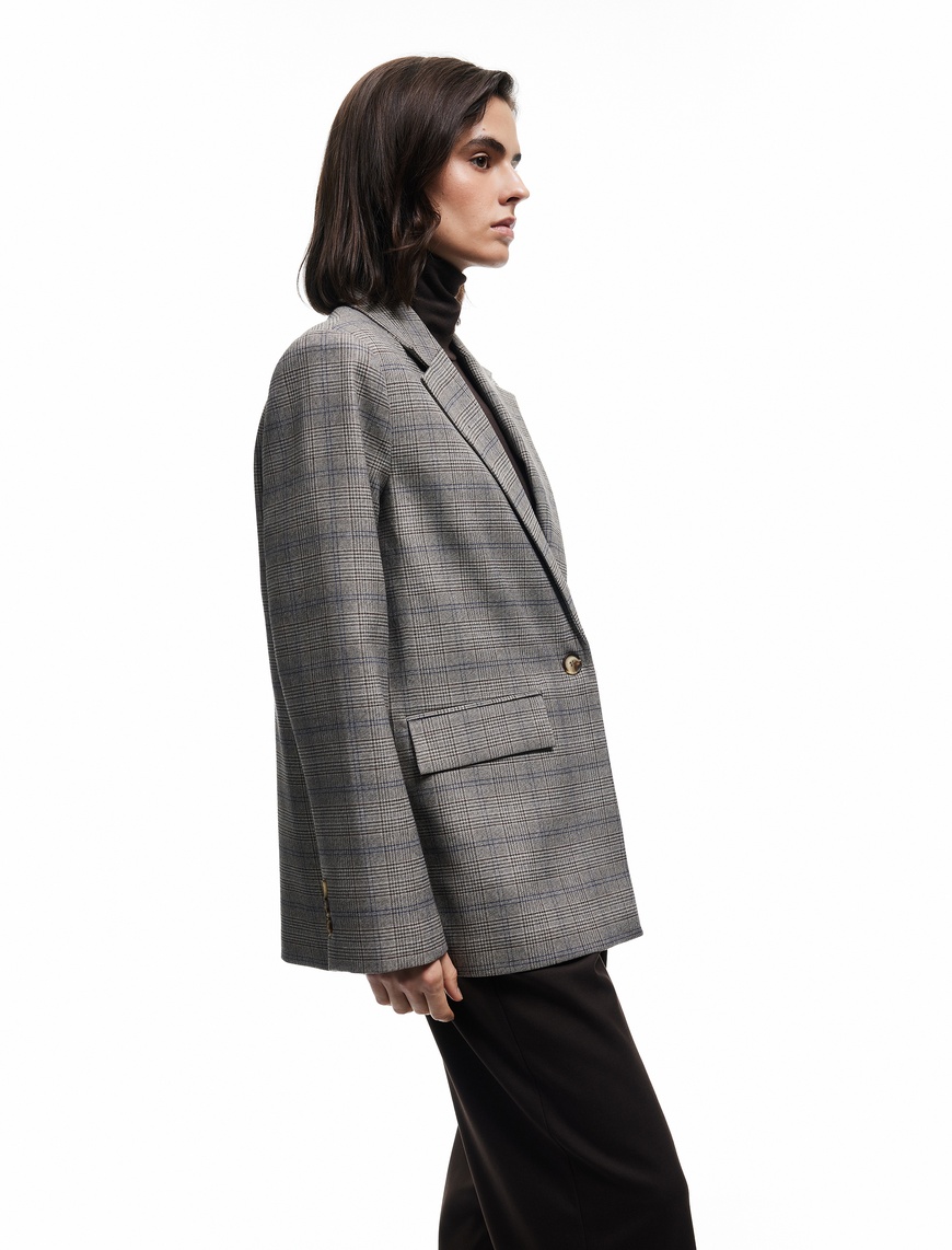   Kruvaze Cepli Uzun Kollu Ekose Oversize Blazer Ceket
