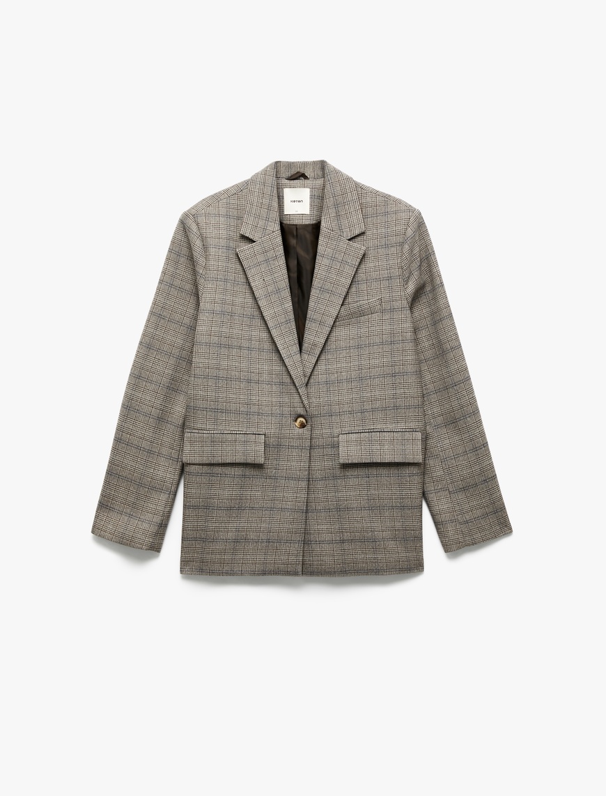   Kruvaze Cepli Uzun Kollu Ekose Oversize Blazer Ceket