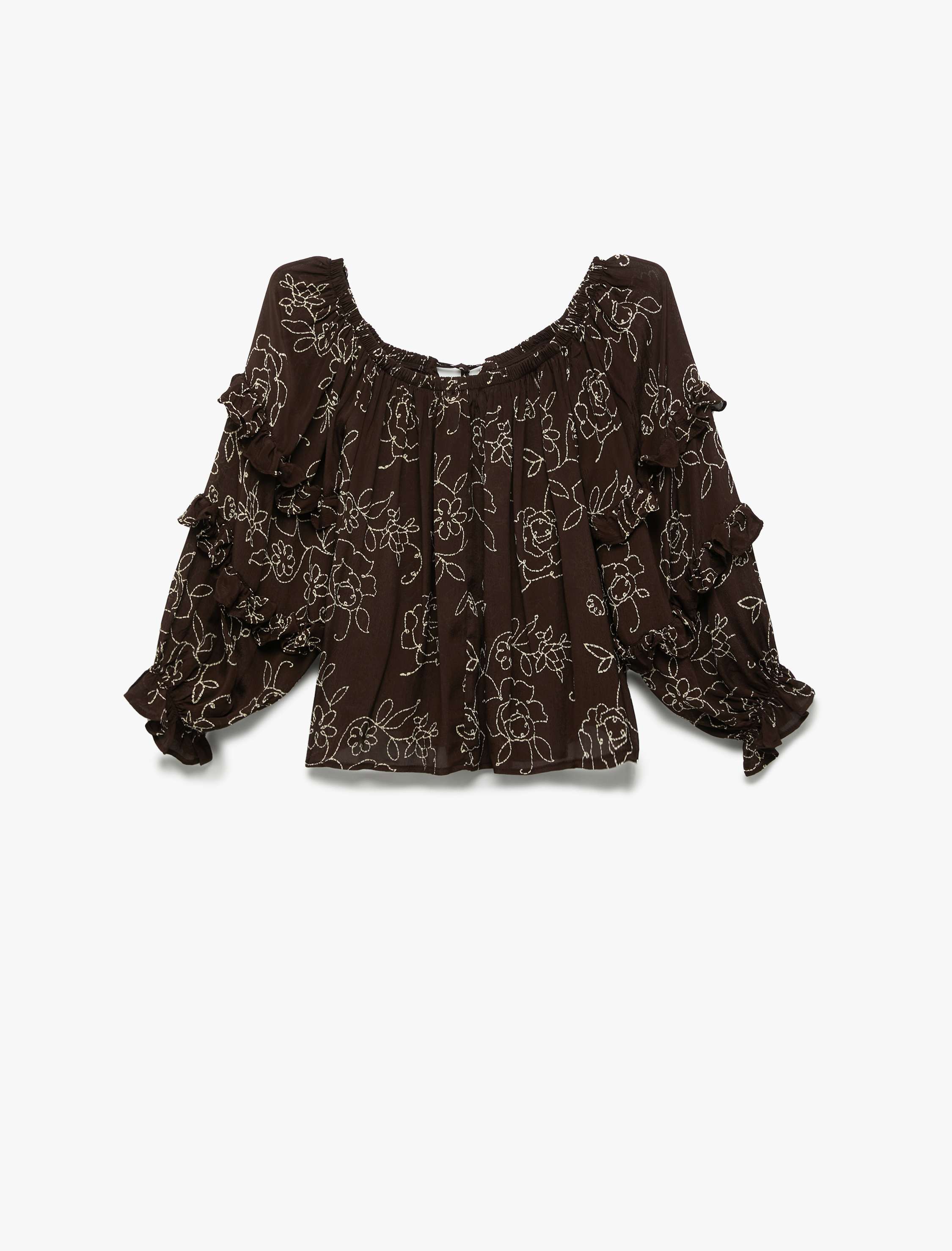   Viskon Krinkle Kumaş Fırfırlı 3/4 Balon Kol Çiçek İşlemeli Yuvarlak Yaka Bluz