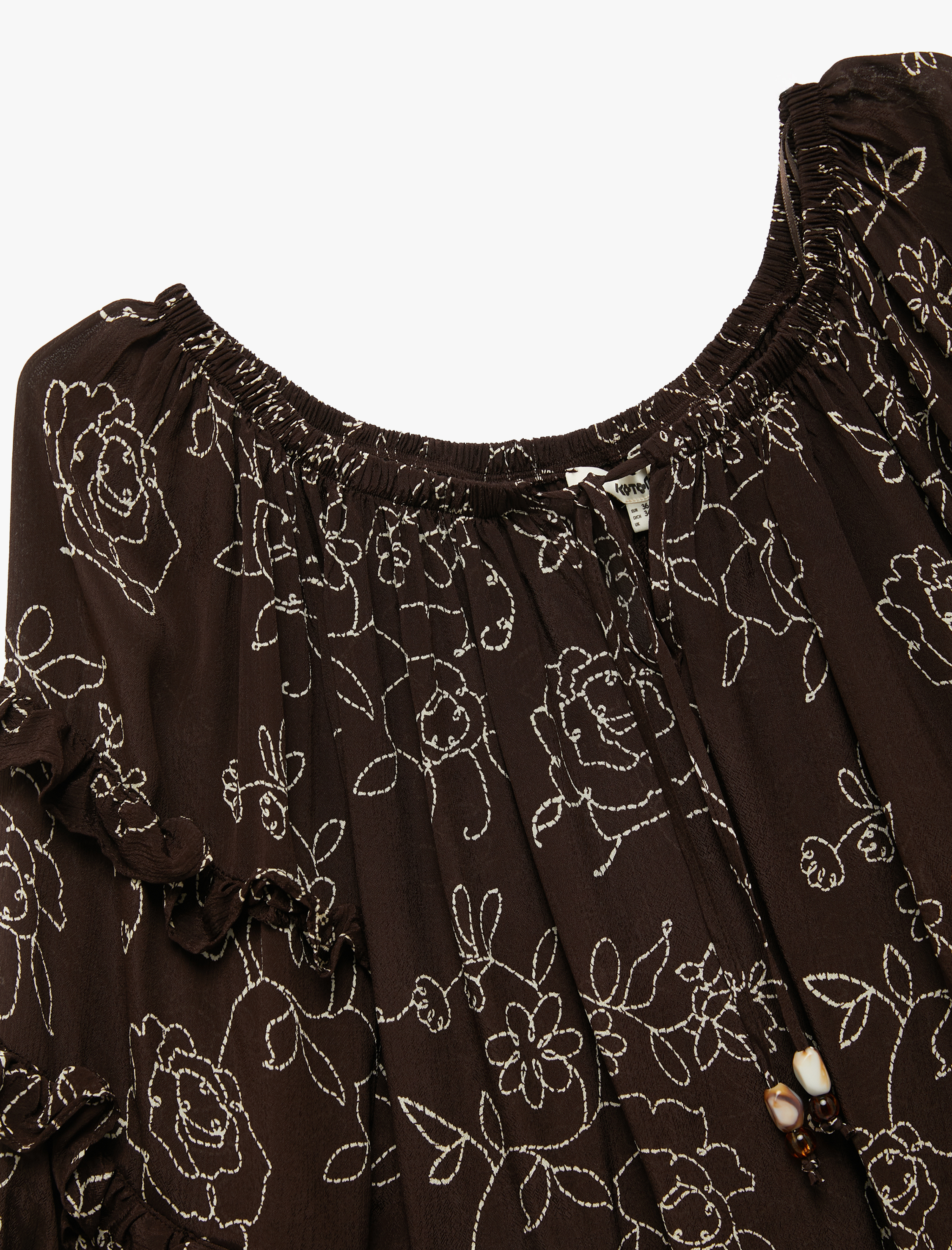   Viskon Krinkle Kumaş Fırfırlı 3/4 Balon Kol Çiçek İşlemeli Yuvarlak Yaka Bluz