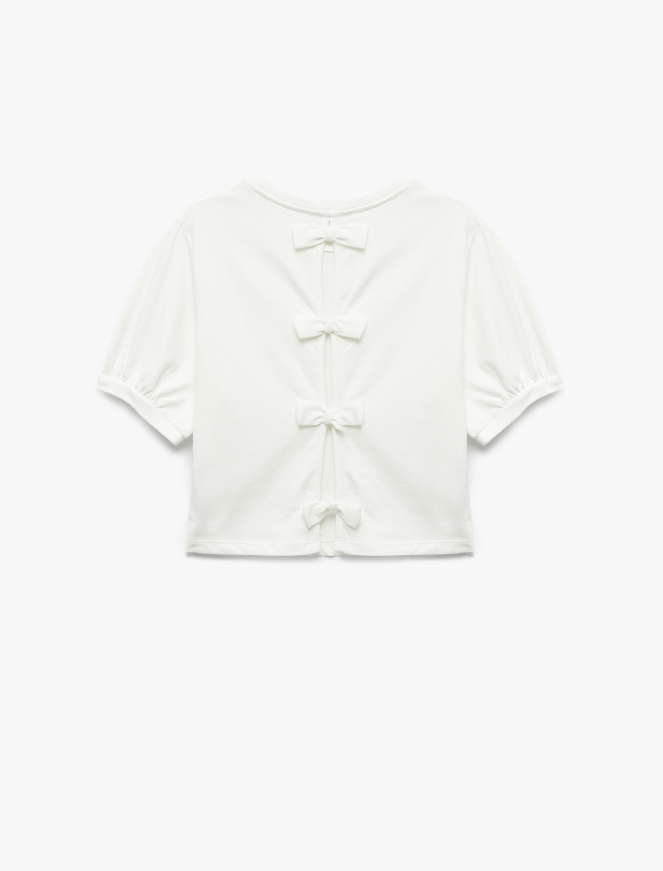   Pamuklu Kısa Kollu Bisiklet Yaka Arkası Fiyonklu Tişört