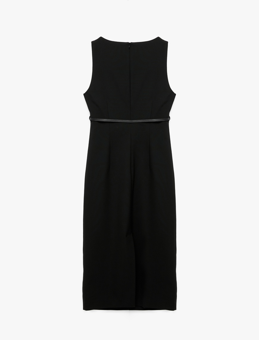   Slim Fit Kolsuz Bisiklet Yaka Kemerli Midi Boy Kalem Elbise