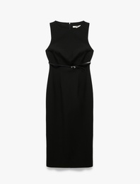 Slim Fit Kolsuz Bisiklet Yaka Kemerli Midi Boy Kalem Elbise