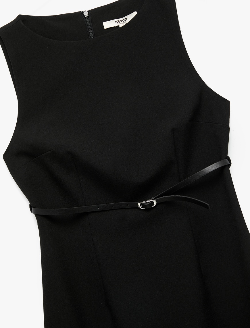   Slim Fit Kolsuz Bisiklet Yaka Kemerli Midi Boy Kalem Elbise