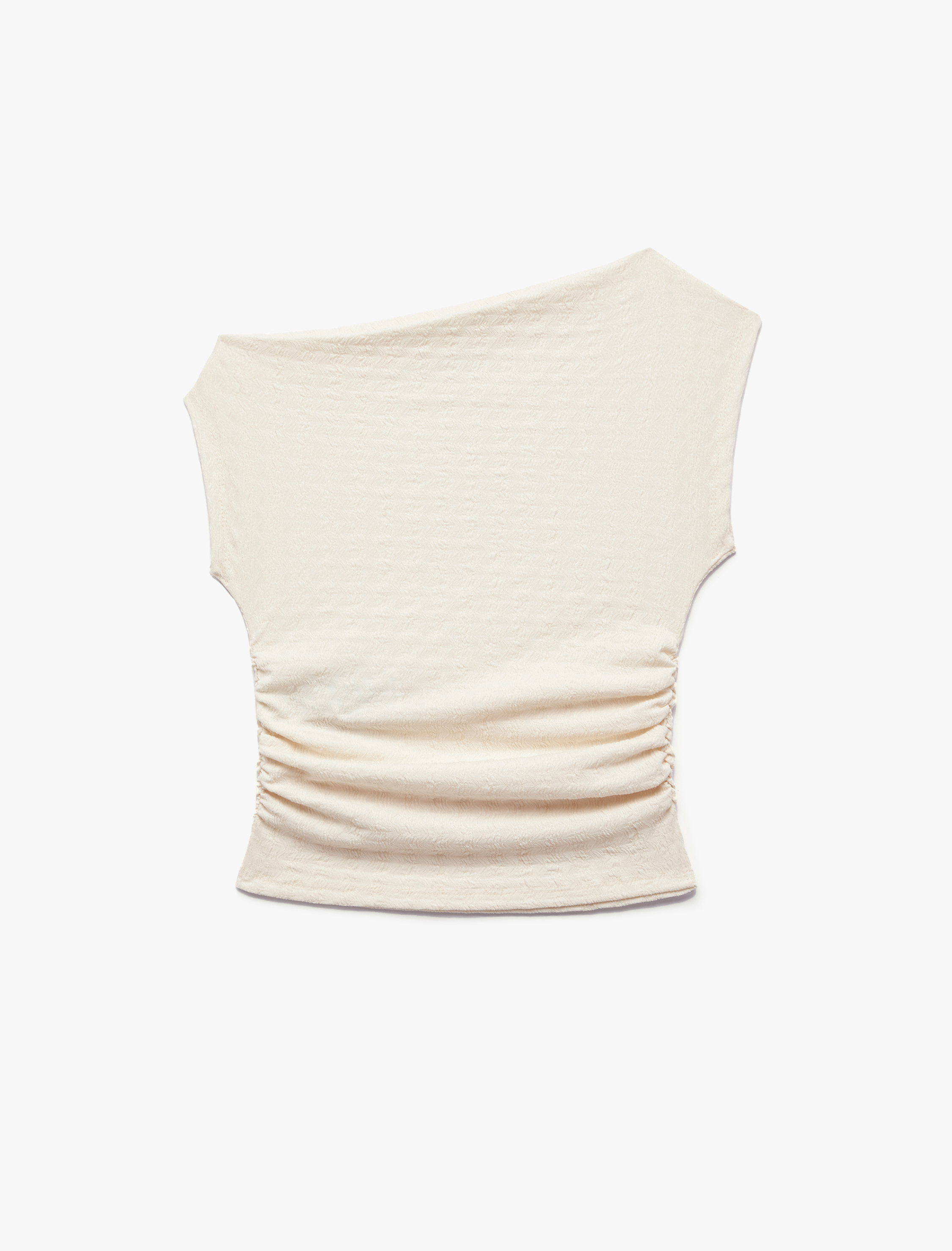   Bürümcük Kumaş Dokulu Drapeli Kayık Yaka Kolsuz Bluz