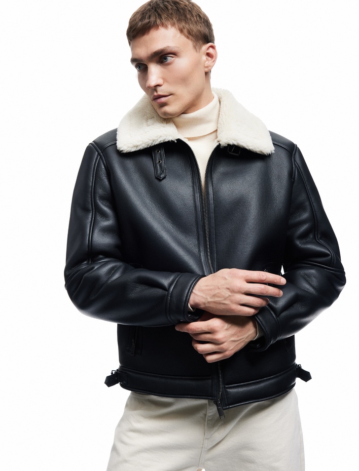  Uzun Kollu Cep Detaylı Fermuarlı Peluş Yaka Suni Deri Ceket