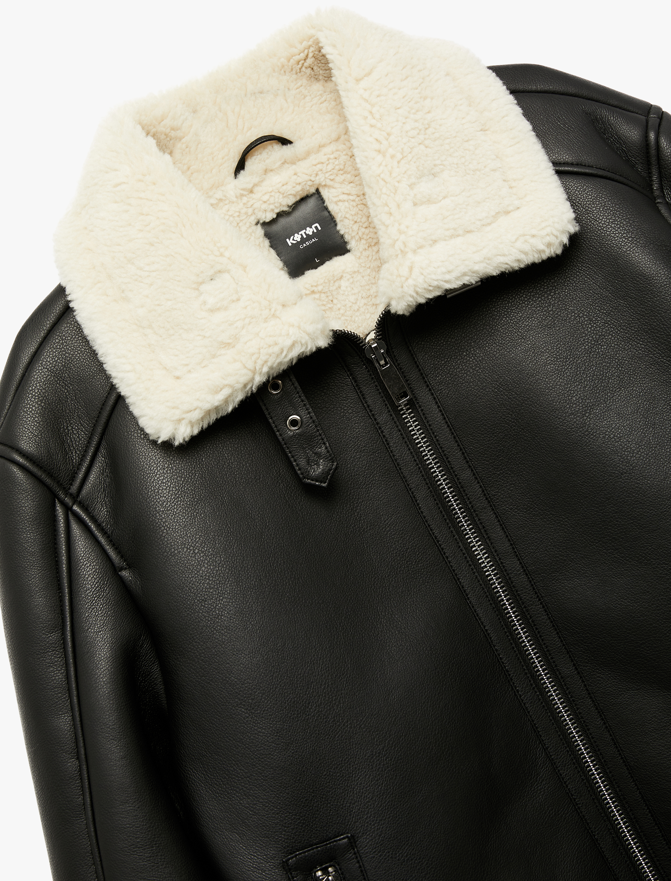   Uzun Kollu Cep Detaylı Fermuarlı Peluş Yaka Suni Deri Ceket