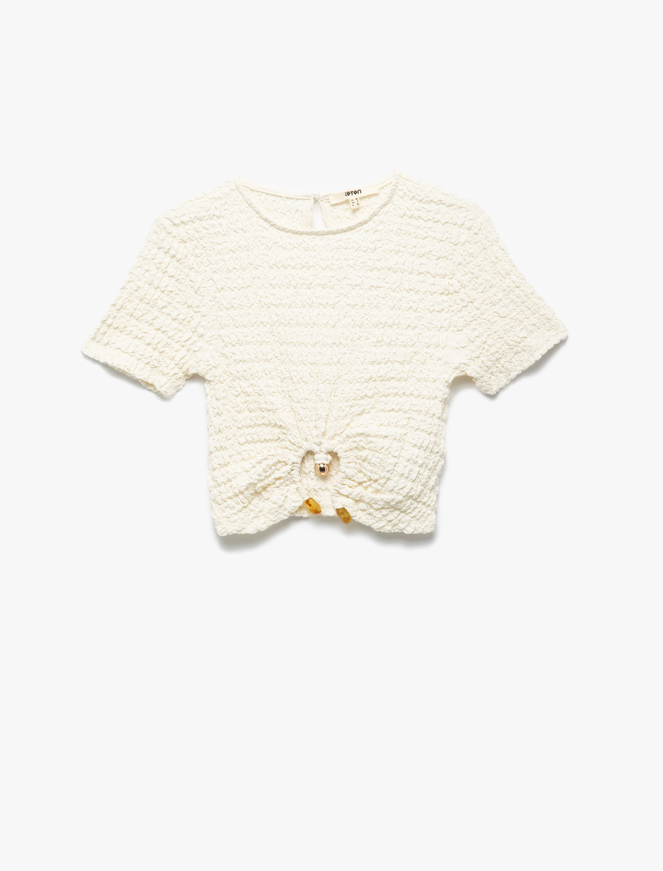   Bürümcük Kumaş Kısa Kollu Bisiklet Yaka Aksesuarlı Crop Tişört