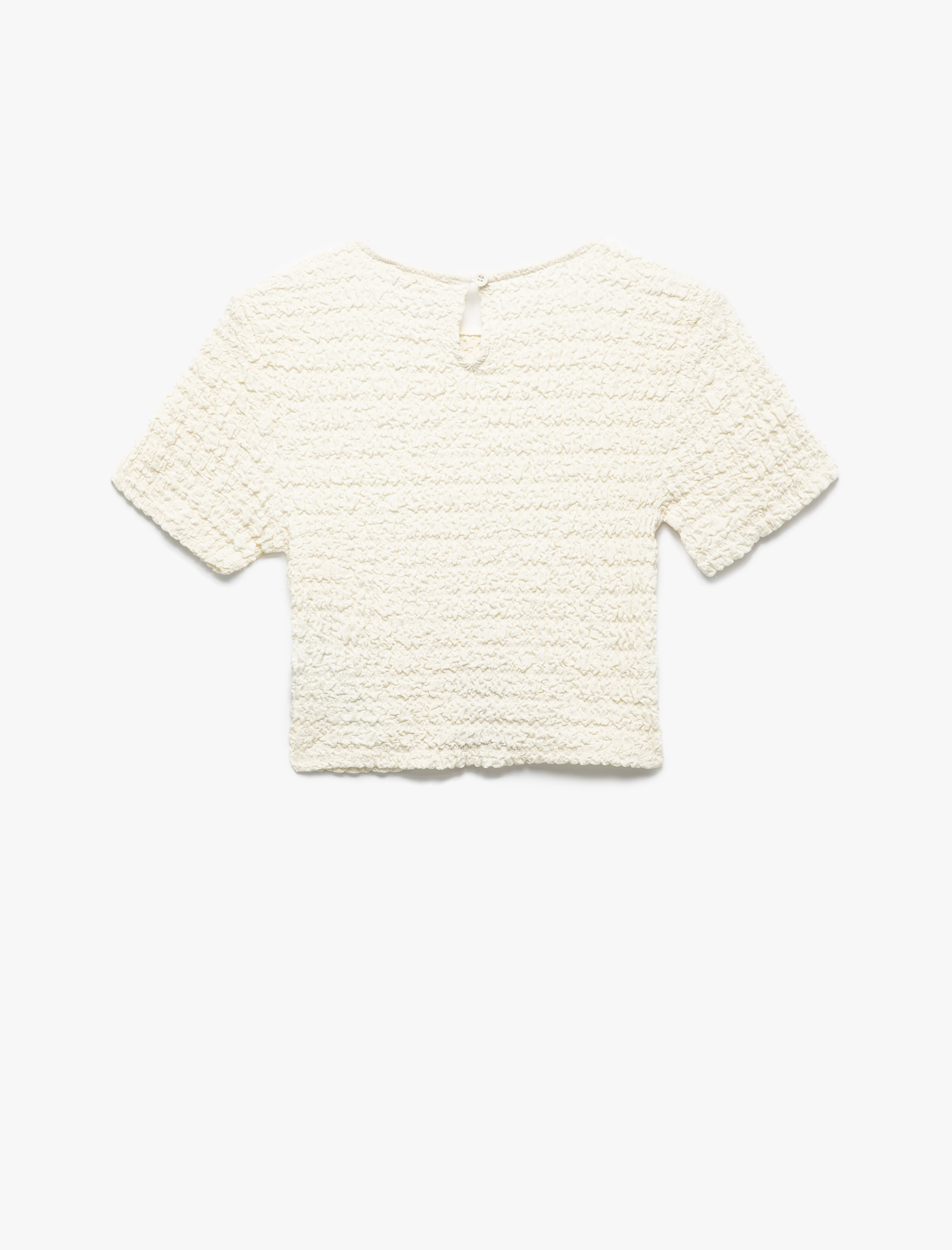   Bürümcük Kumaş Kısa Kollu Bisiklet Yaka Aksesuarlı Crop Tişört