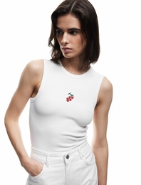 Pamuklu Slim Fit Bisiklet Yaka Domates Nakış Detaylı Kolsuz Tişört