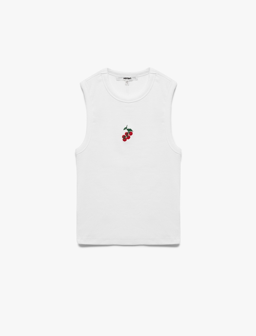   Pamuklu Slim Fit Bisiklet Yaka Domates Nakış Detaylı Kolsuz Tişört