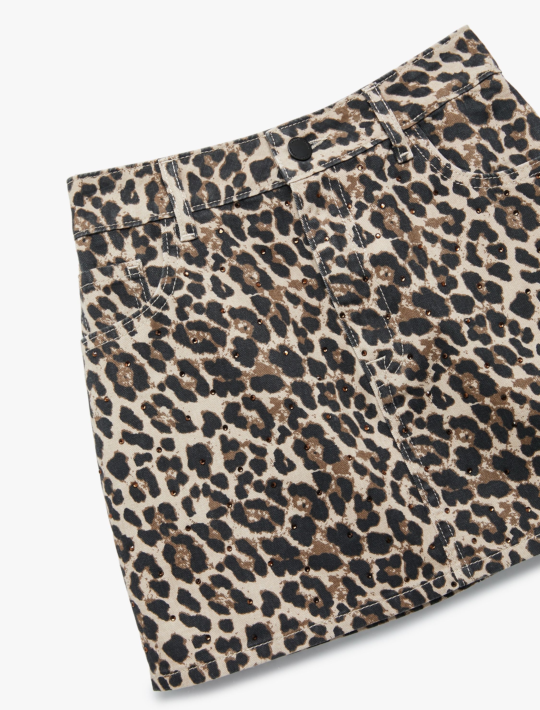   Koton X Zeynep Bastık - Düğmeli Cepli Taş Detaylı Mini Denim Leopar Etek