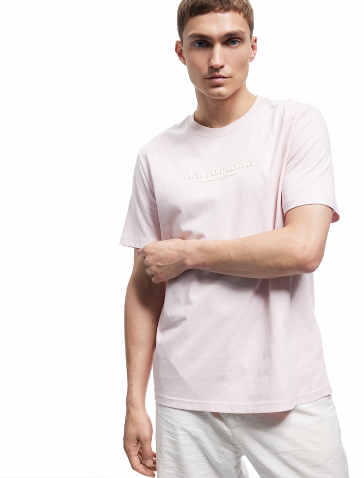  Pamuklu Baskılı Kısa Kollu Bisiklet Yaka Tişört