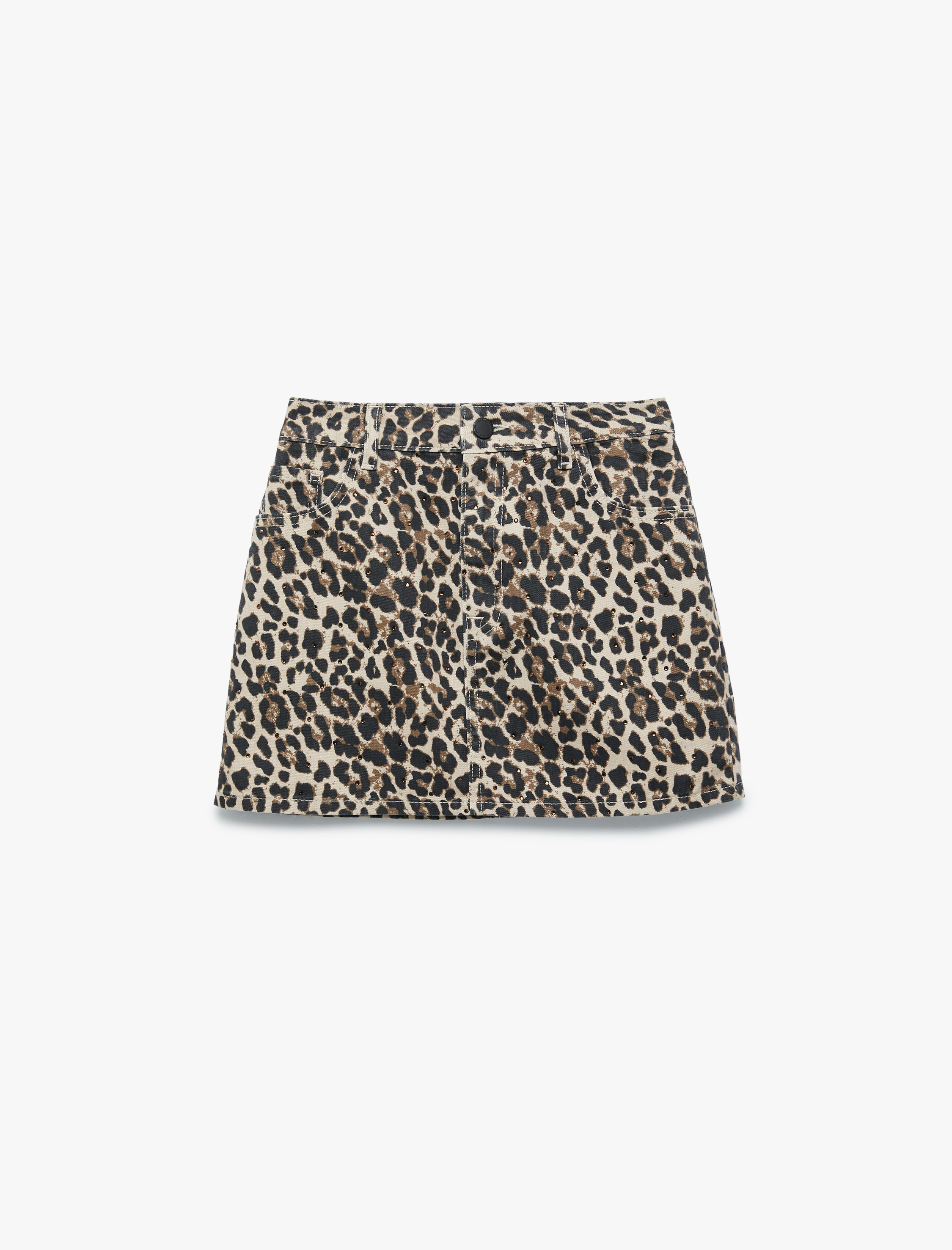   Koton X Zeynep Bastık - Düğmeli Cepli Taş Detaylı Mini Denim Leopar Etek