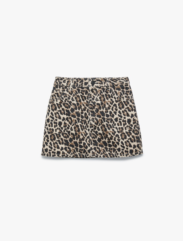 Koton X Zeynep Bastık - Düğmeli Cepli Taş Detaylı Mini Denim Leopar Etek_3