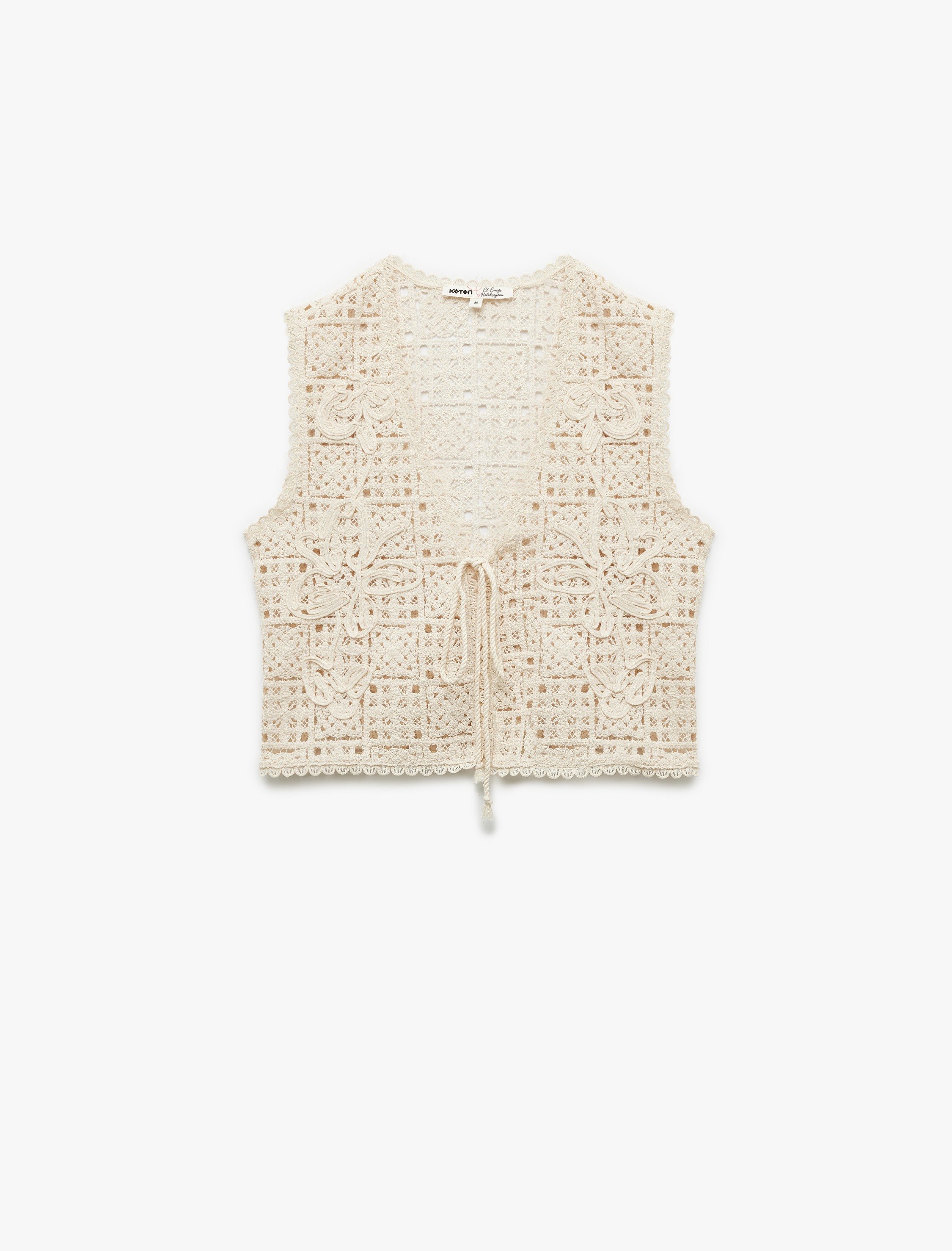   Önden Bağlama Detaylı Çiçekli Ajurlu Kroşe Crop Yelek