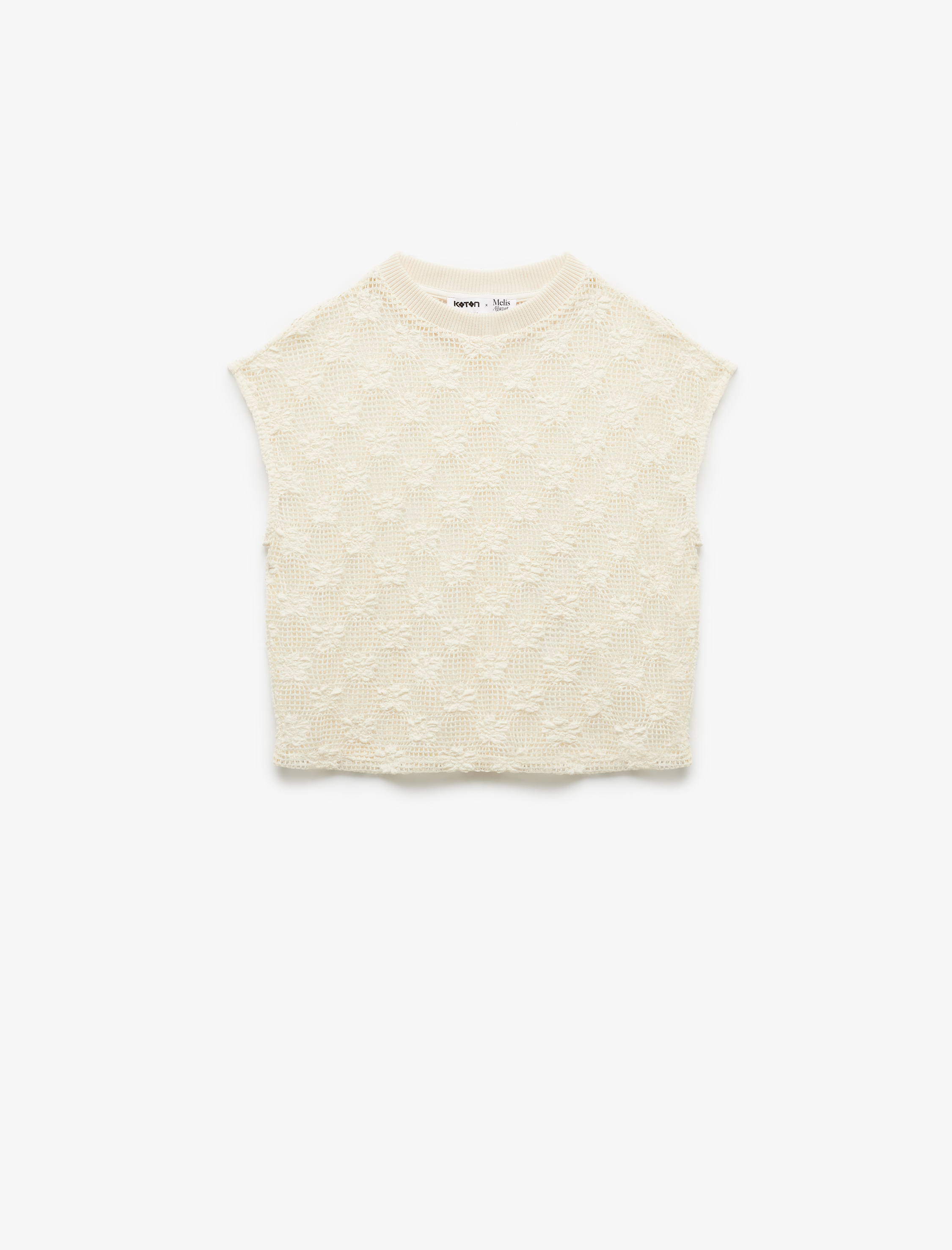   Koton X Melis Ağazat - Kolsuz Bisiklet Yaka Ajurlu Çiçekli Kroşe Bluz