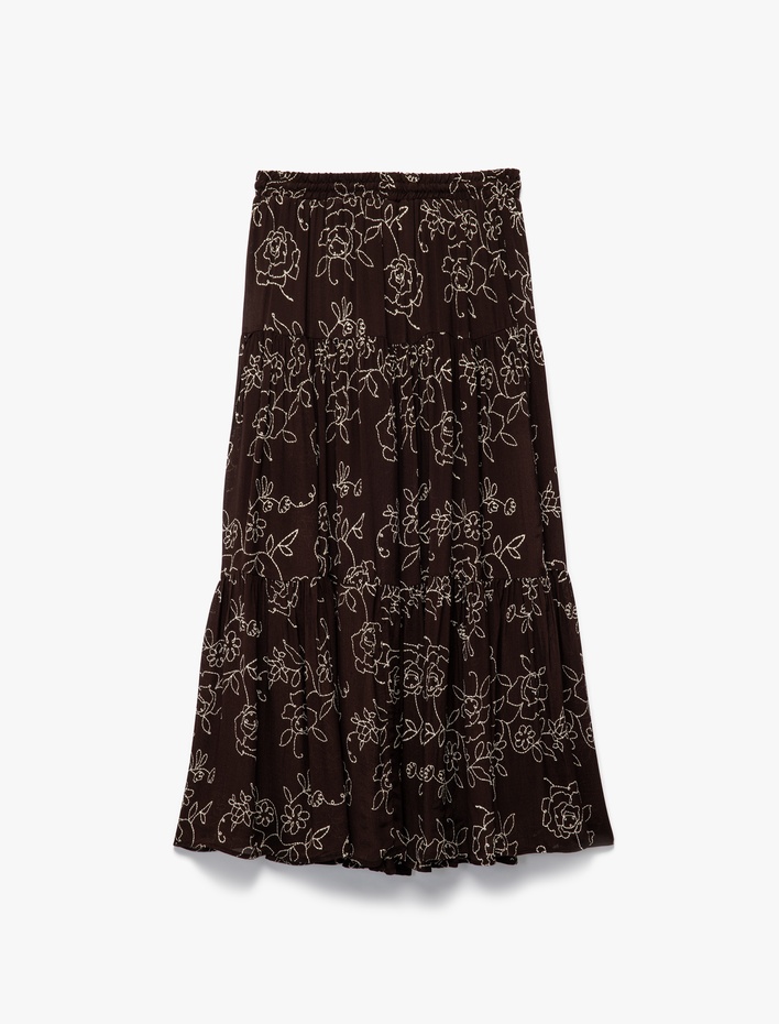  Viskon Krinkle Kumaş Rahat Kalıp Beli Lastikli Katlı Midi Çiçekli Kloş Etek