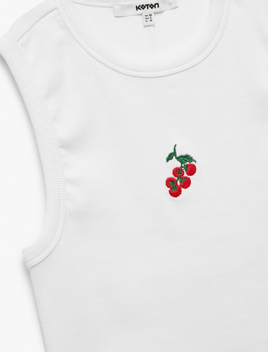   Pamuklu Slim Fit Bisiklet Yaka Domates Nakış Detaylı Kolsuz Tişört