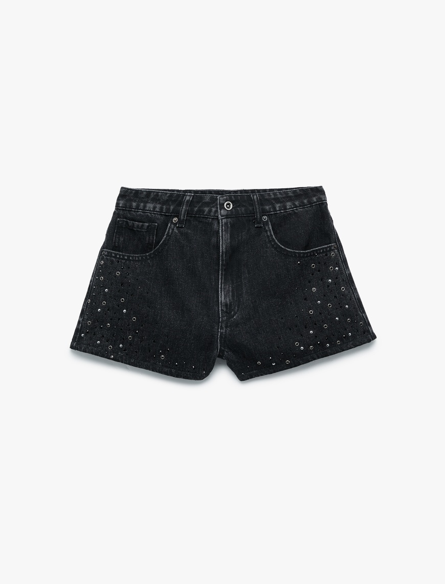   Düğmeli Cep Detaylı Taşlı Mini Denim Şort