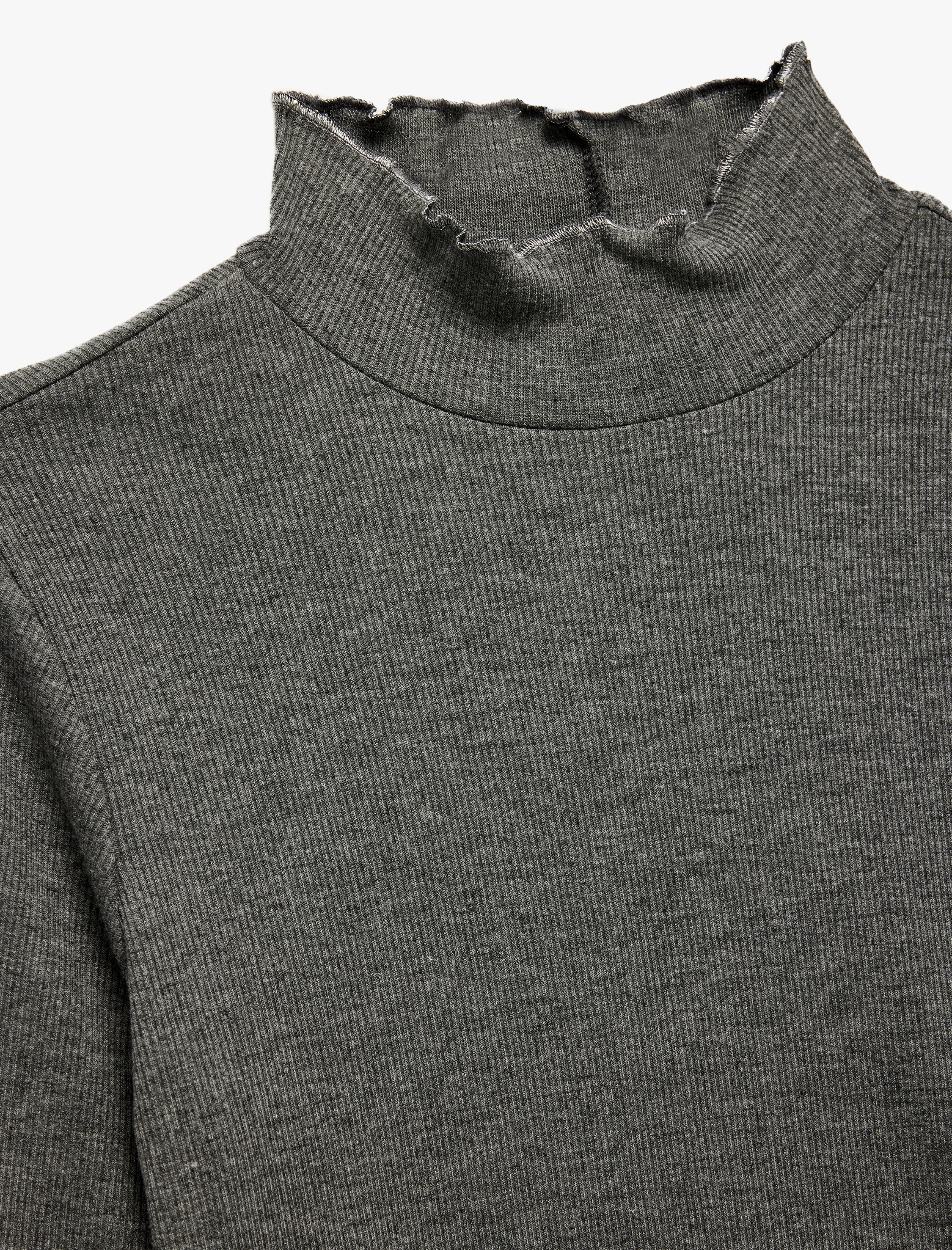   Slim Fit Fırfır Detaylı Dik Yaka Uzun Kollu Tişört