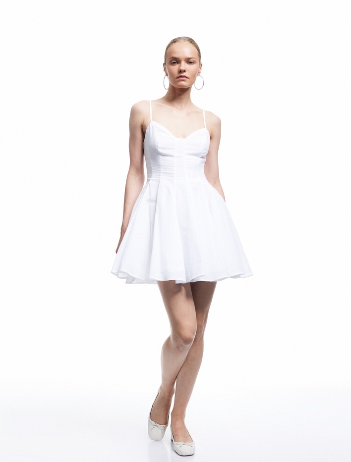  Pamuklu İp Askılı V Yaka A Kesim Mini Elbise