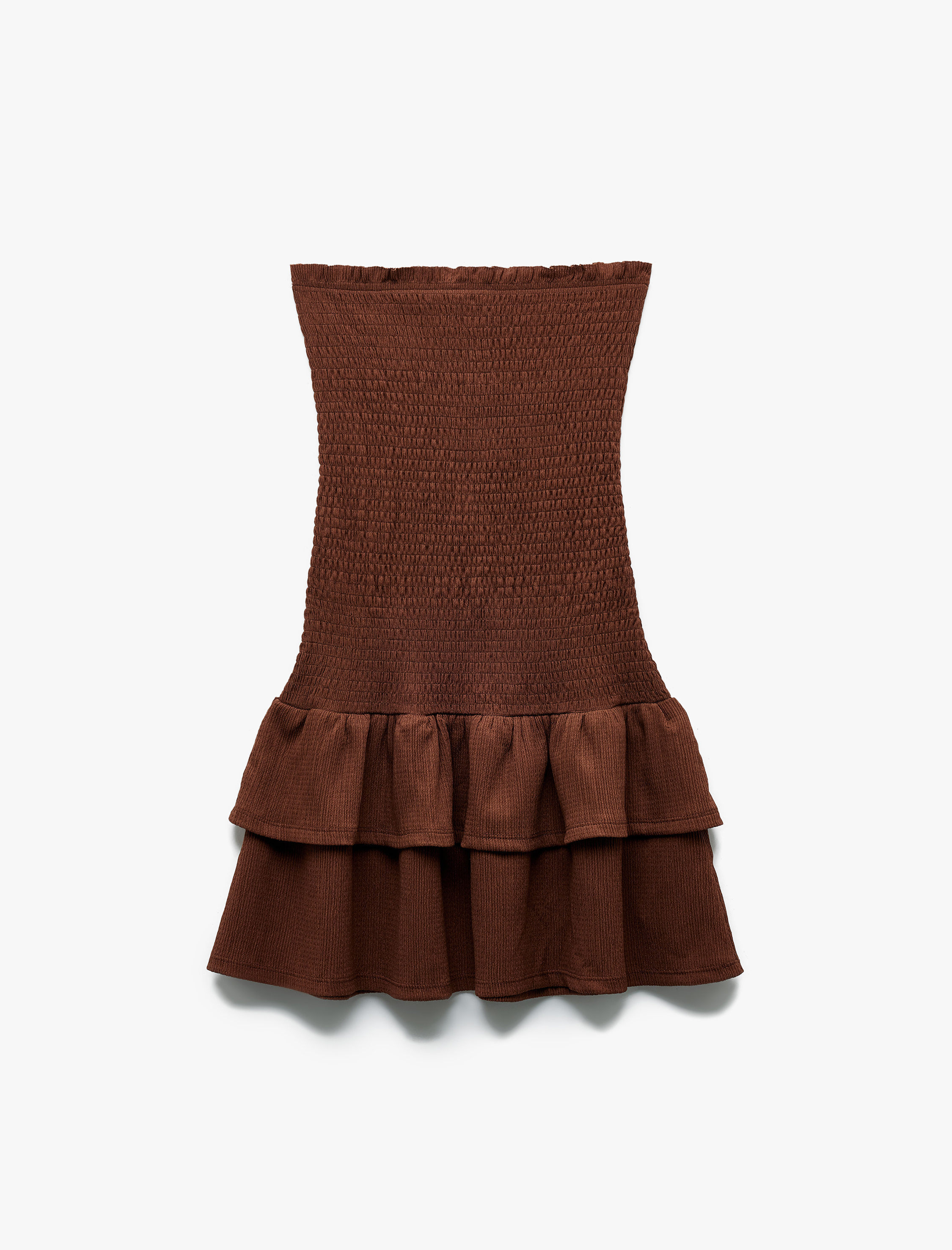   Straplez Yaka Kolsuz Gipeli Katlı Volanlı Slip Mini Elbise