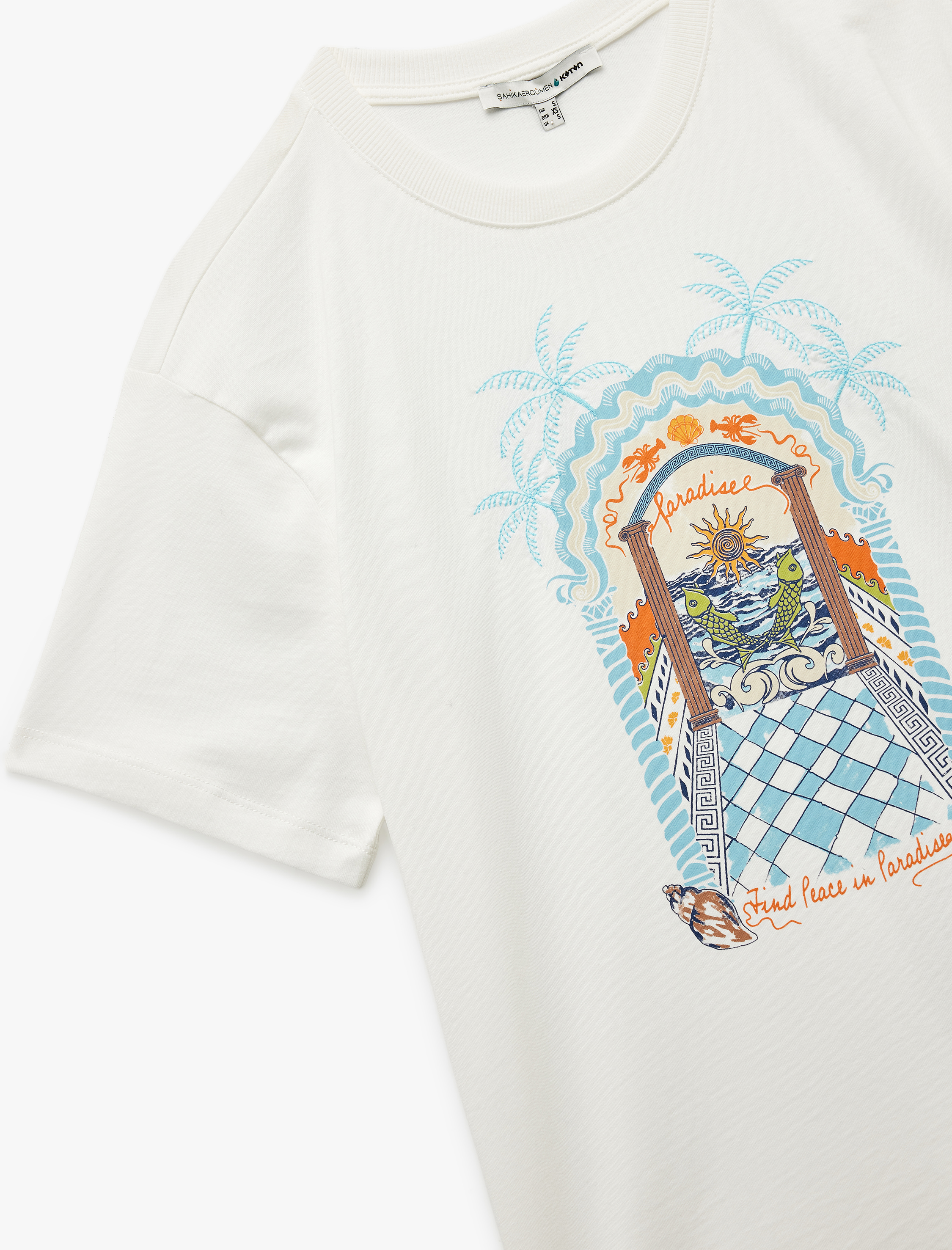   Pamuklu Kısa Kollu Bisiklet Yaka Baskılı Oversize Tişört