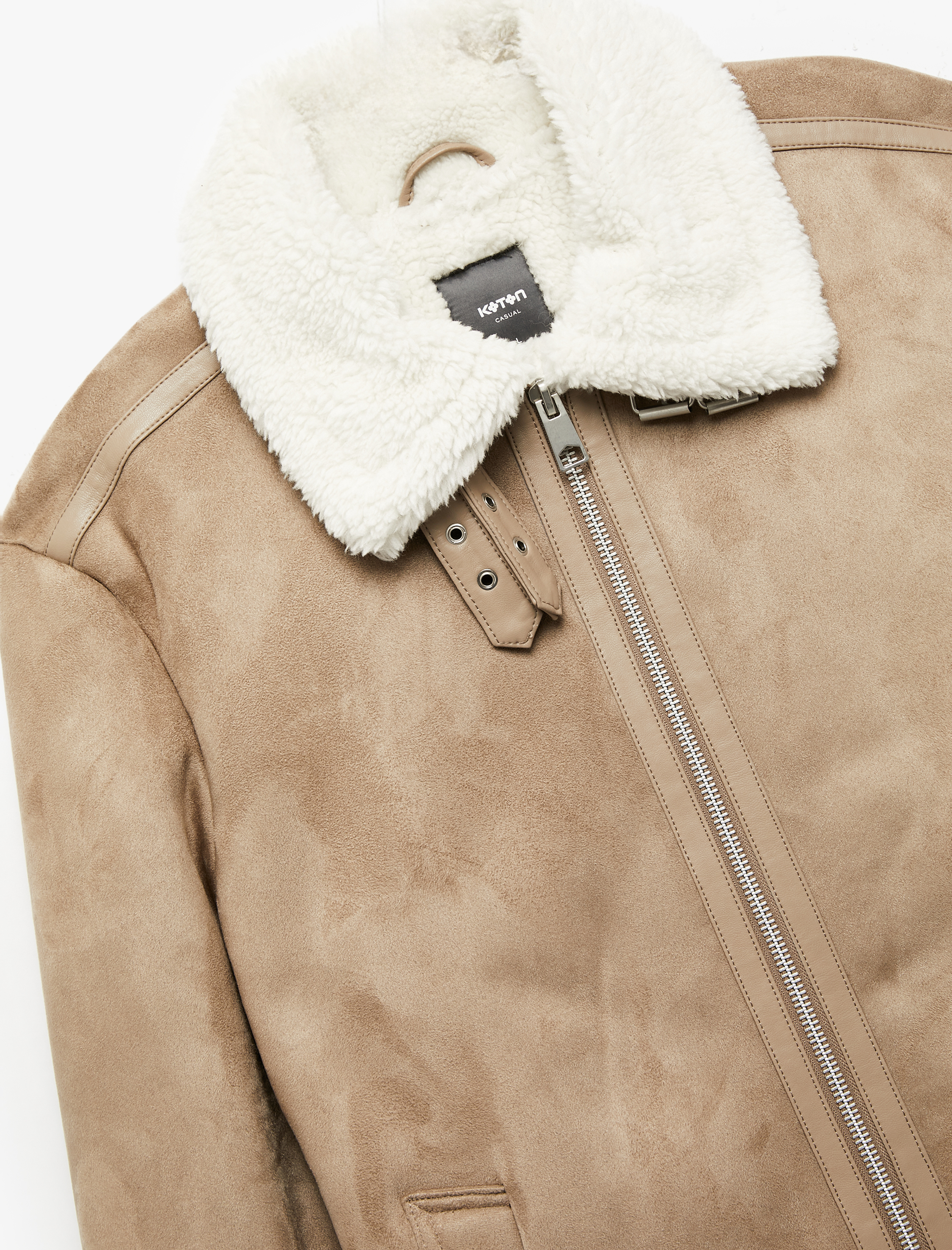   Cep Detaylı Fermuarlı Peluş Yaka Kışlık Suni Süet Ceket