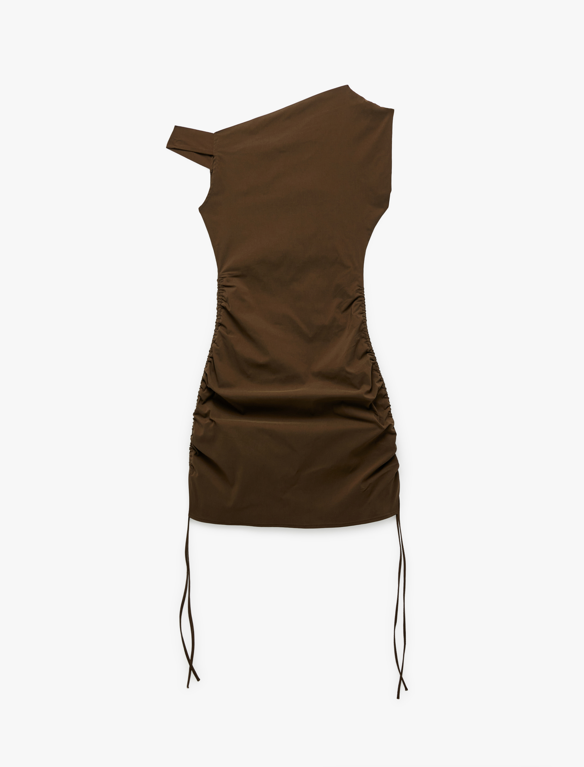 Yanları Büzgülü Drapeli Asimetrik Yaka Omzu Açık Mini Elbise