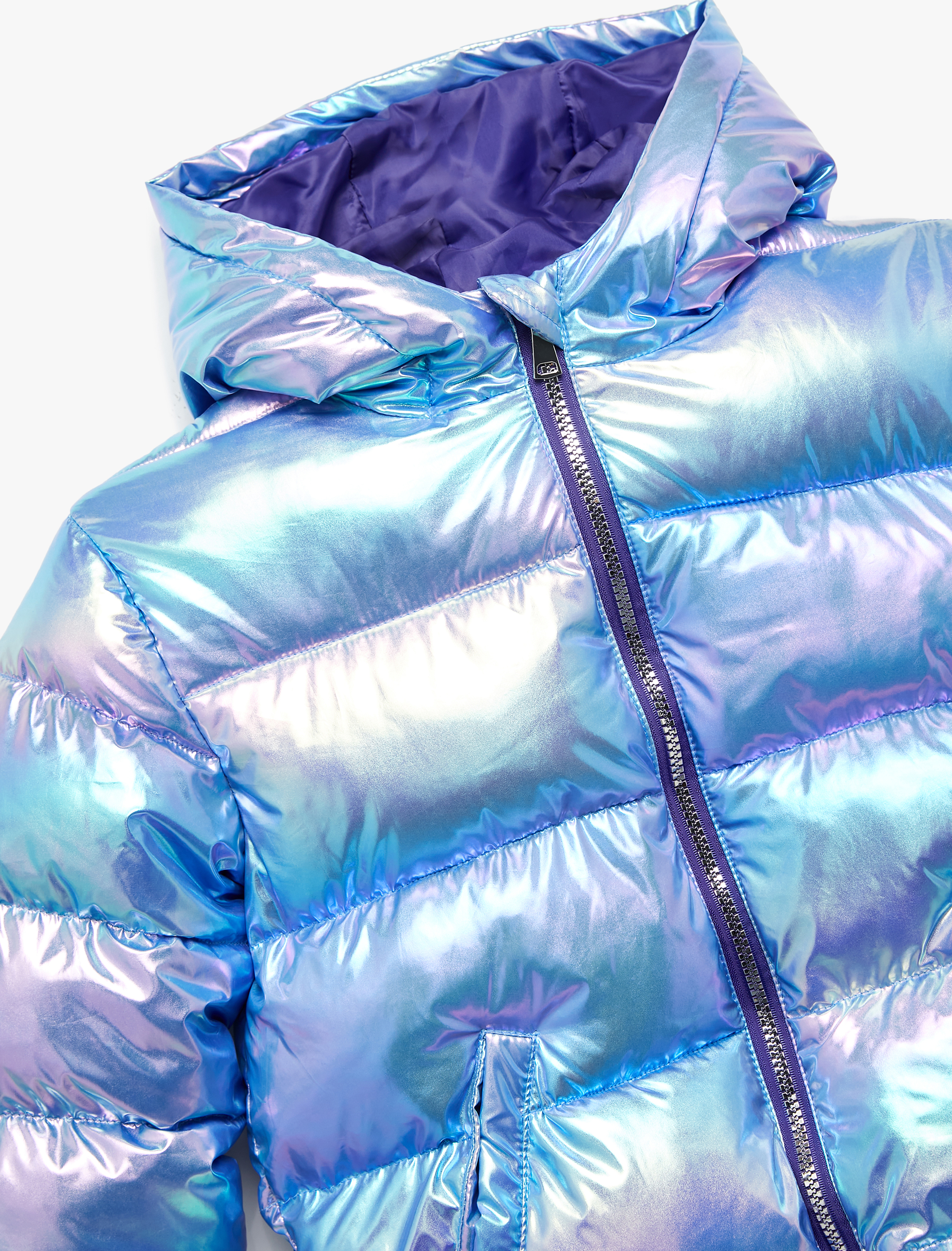  Kız Çocuk Kapşonlu Fermuarlı Parlak Şişme Mont