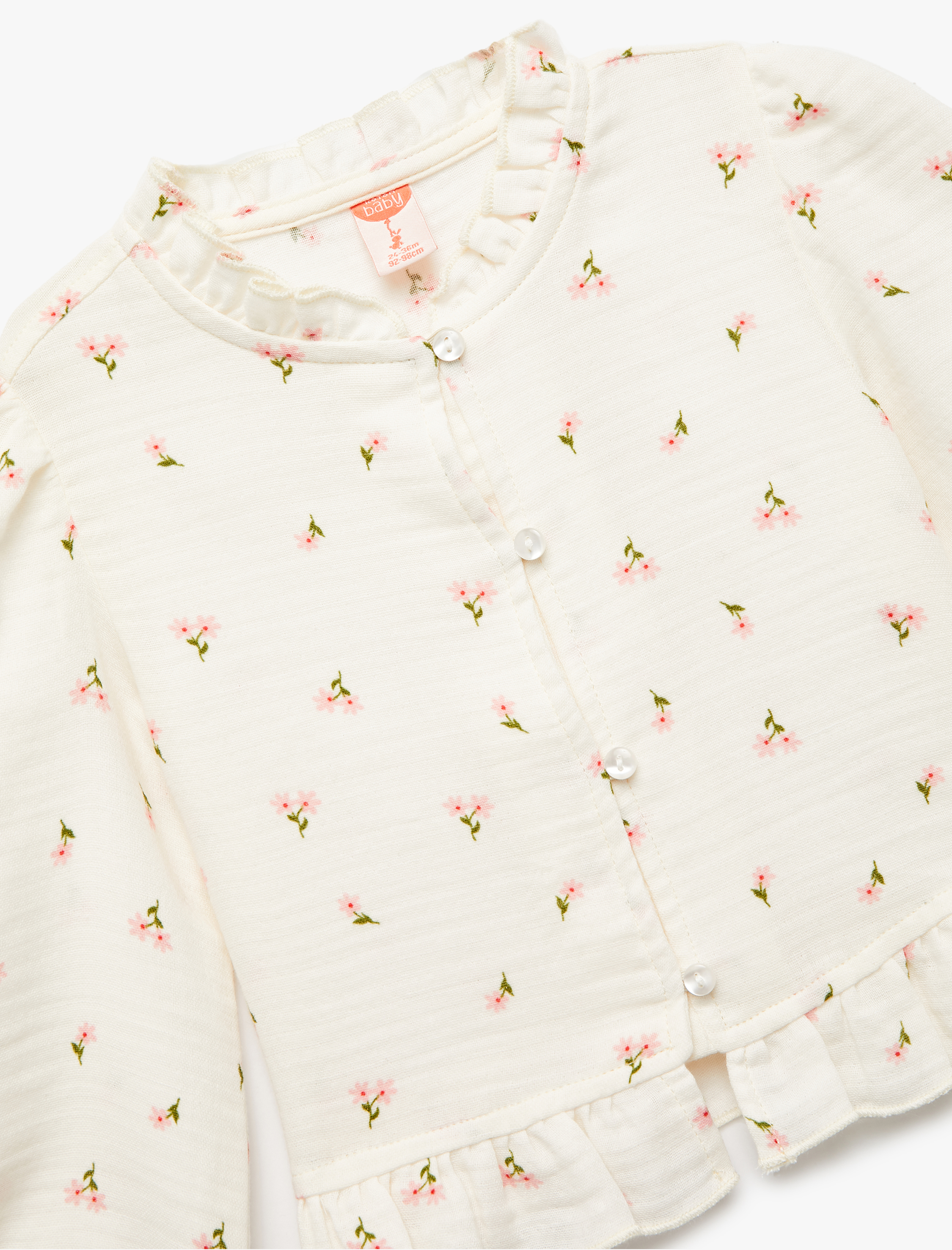  Kız Bebek Pamuklu Bisiklet Yaka Fırfırlı Uzun Kollu Çiçekli Bluz