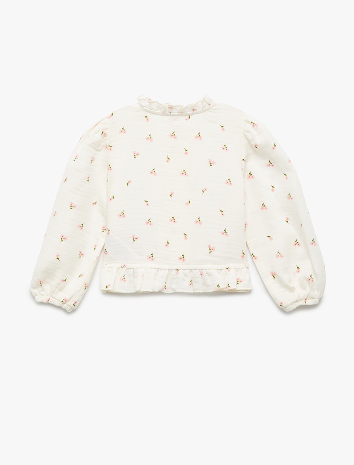 Kız Bebek Pamuklu Bisiklet Yaka Fırfırlı Uzun Kollu Çiçekli Bluz