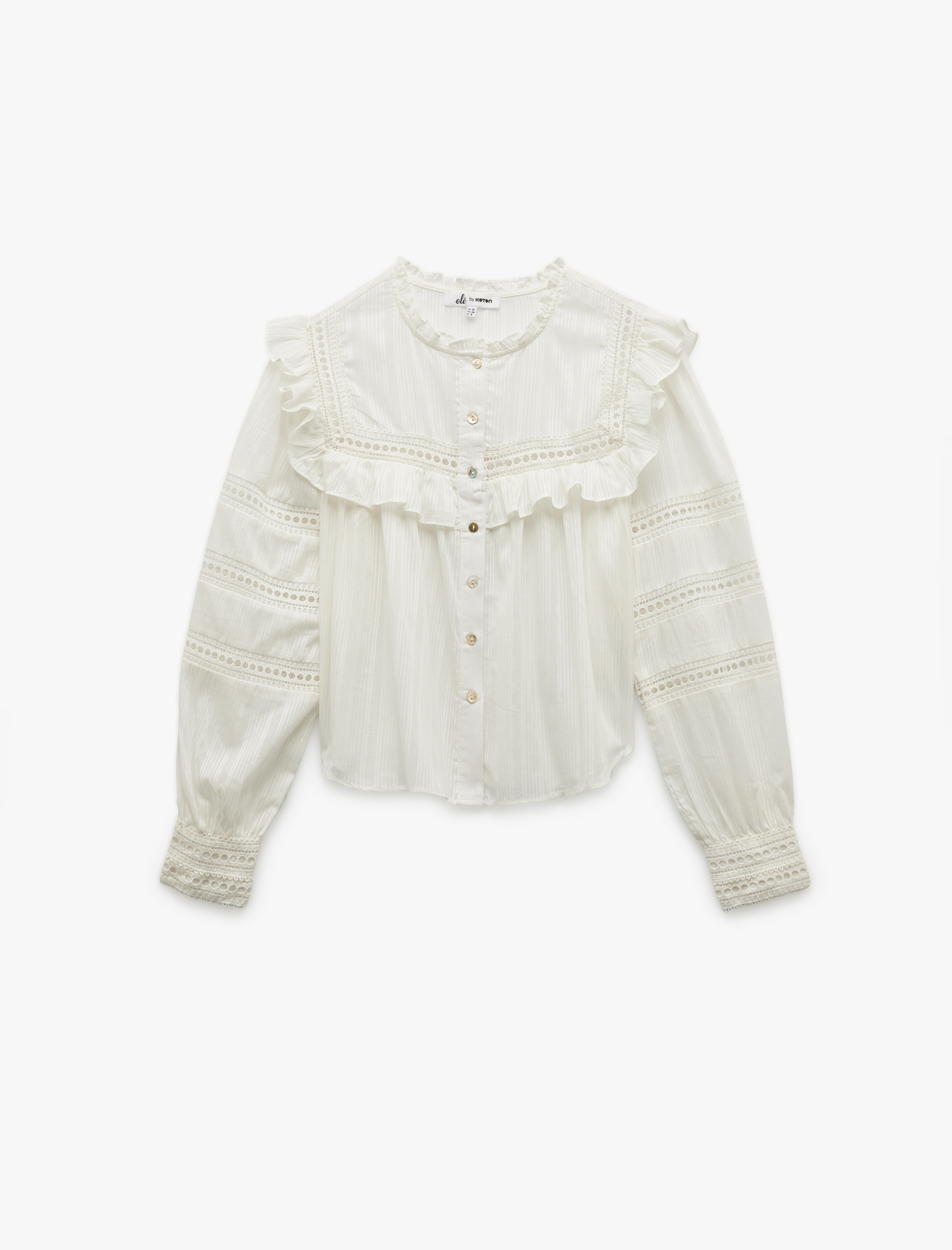   Fırfırlı Yaka Düğmeli Ajurlu Uzun Kollu Gömlek