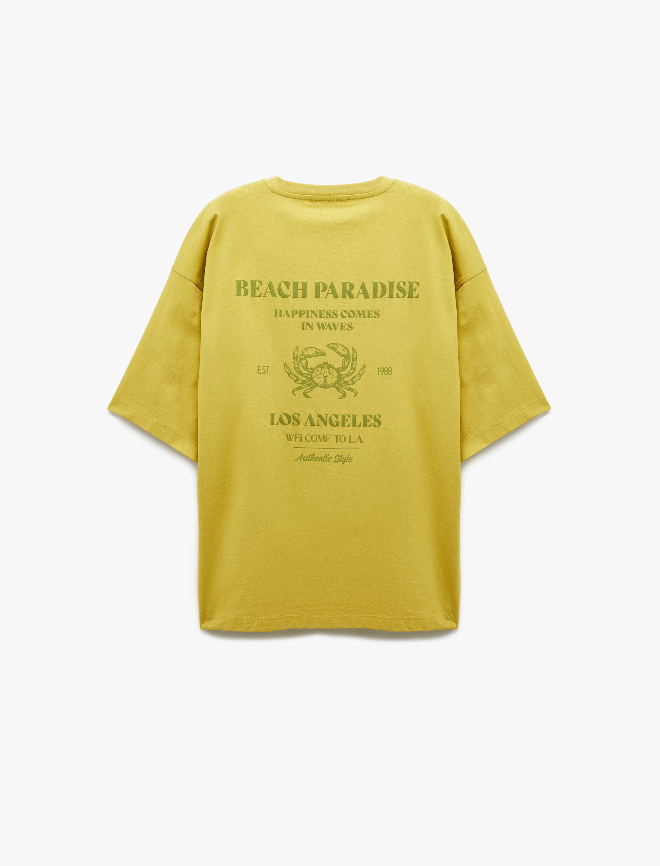   Kısa Kollu Pamuklu Tok Kumaş Bisiklet Yaka Arkası Baskılı Tişört