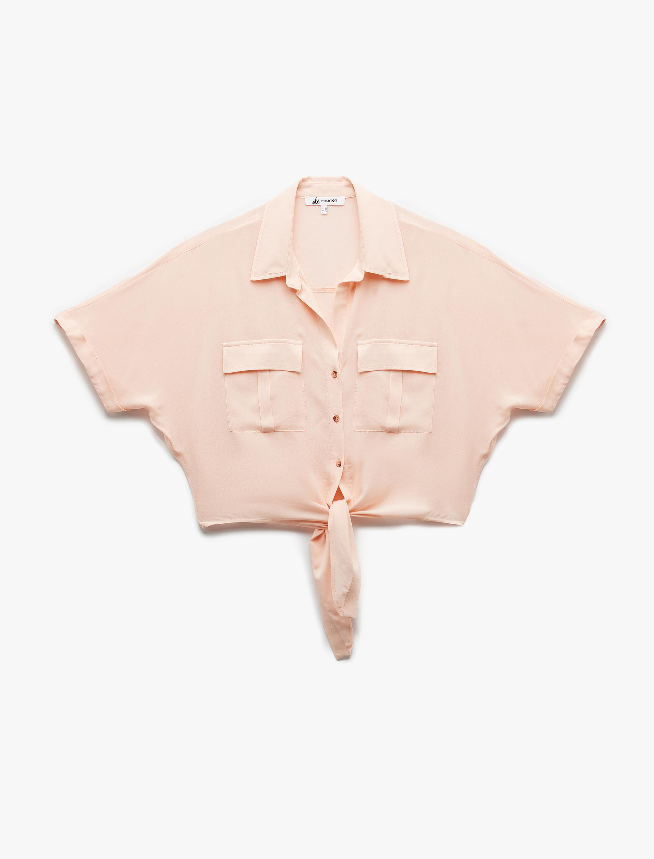   Kısa Kollu Gömlek Yaka Bağlama Detaylı Cepli Düğmeli Viskon Bluz