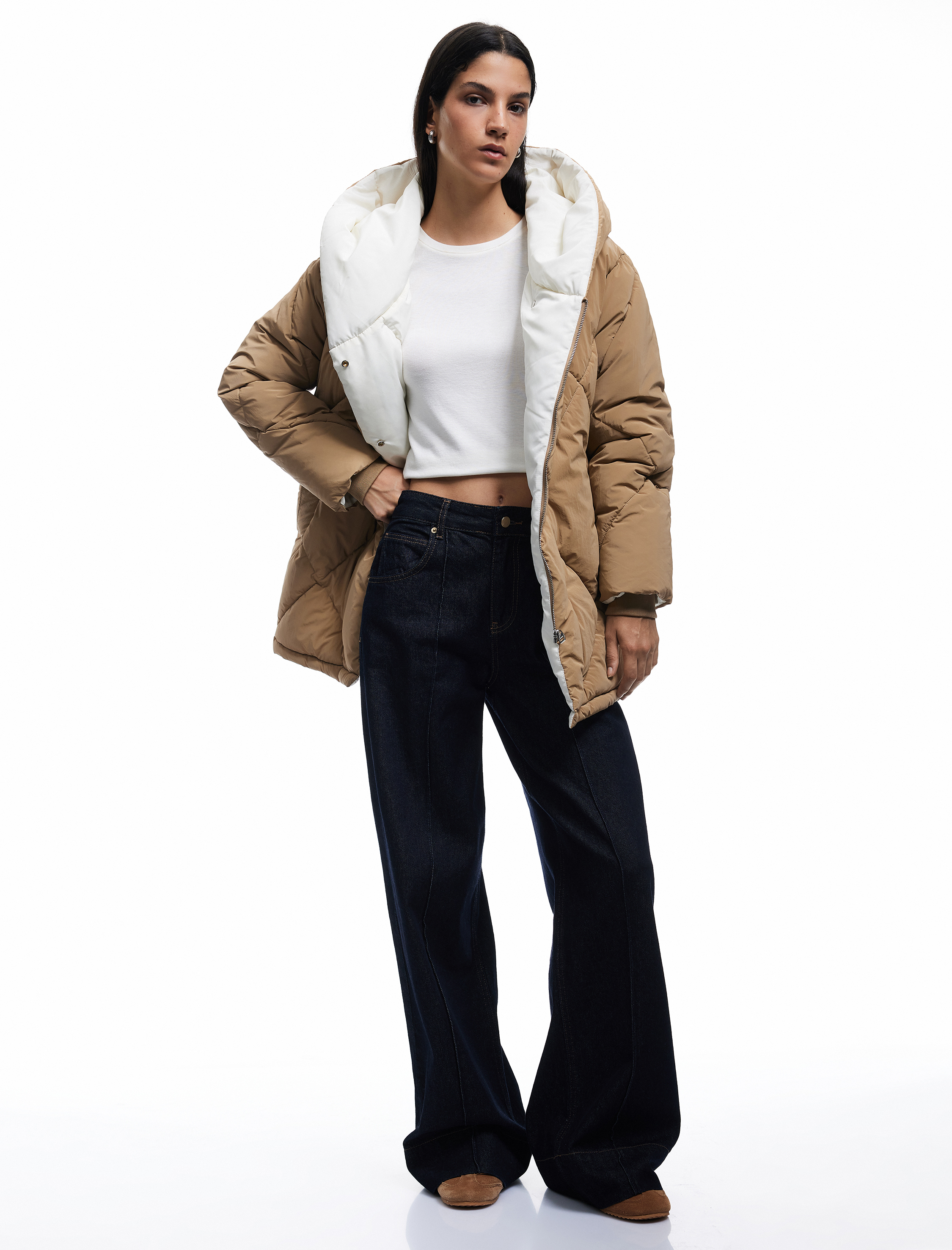   Kapüşonlu Cep Detaylı Fermuarlı Çıtçıt Düğmeli Kapitone Oversize Anorak