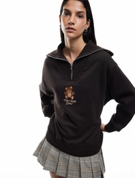 Şardonlu Uzun Kollu Yarım Fermuarlı Ayıcık Nakışlı Oversize Sweatshirt