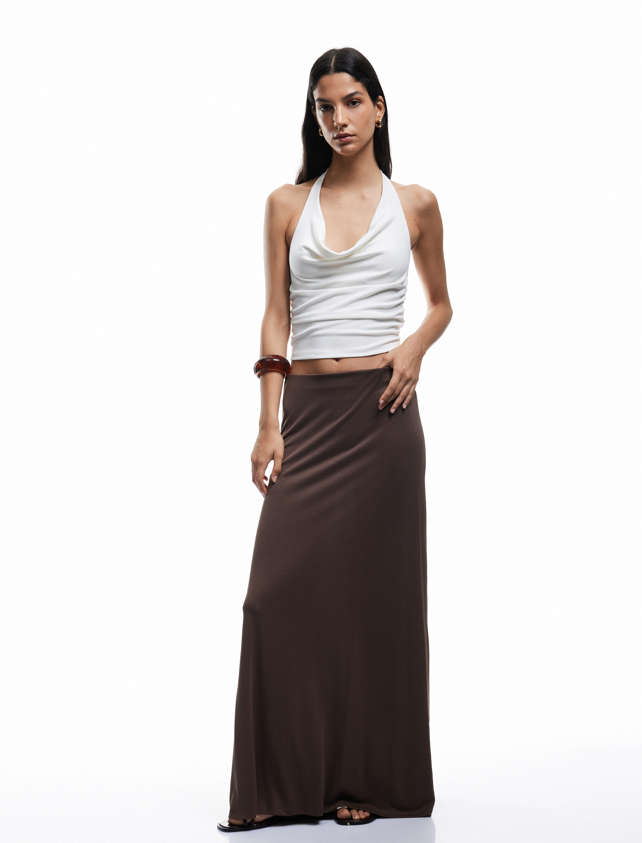   Degaje Yaka Kolsuz Slim Fit Drapeli Scuba Crop Bluz