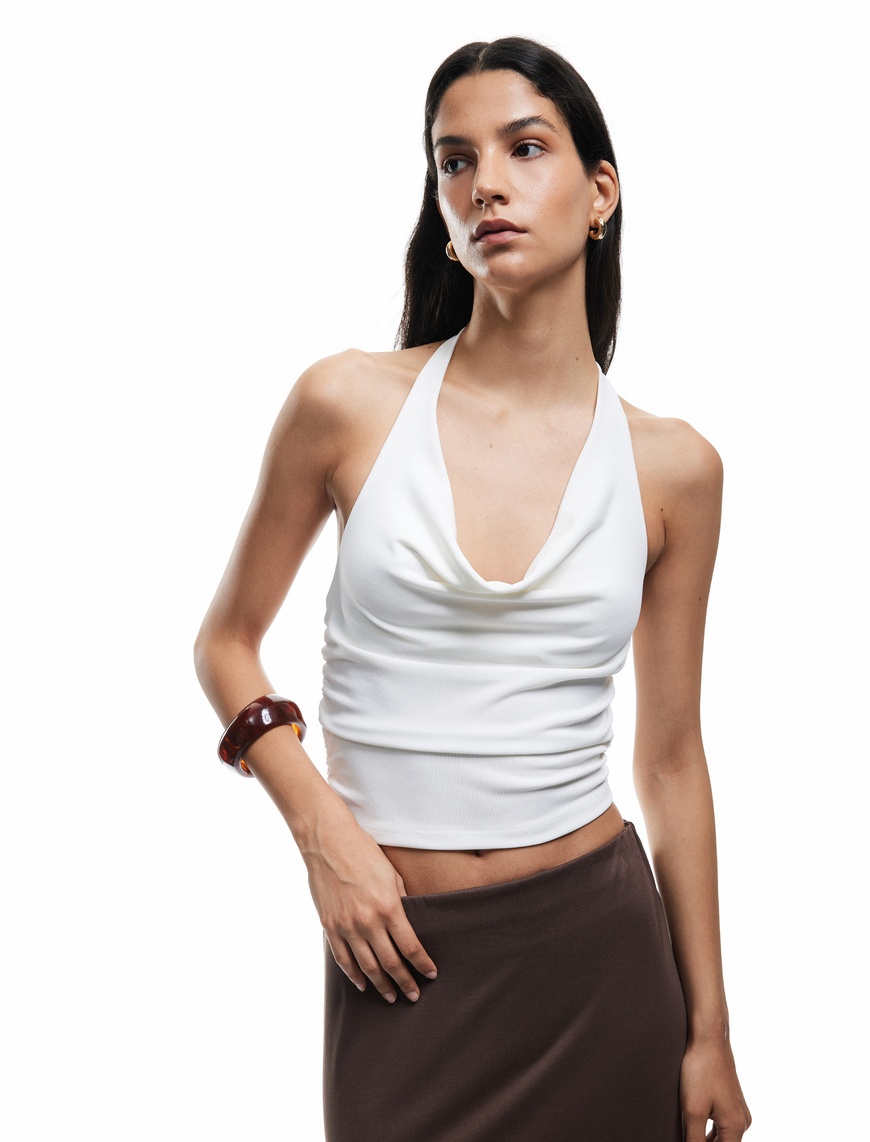   Degaje Yaka Kolsuz Slim Fit Drapeli Scuba Crop Bluz